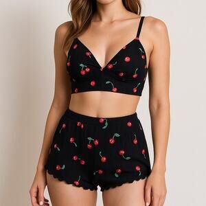 New Small Black Cherry Set 2 Piece Cami Pajama Set Shorts Bra Tank Top PJ Lounge
